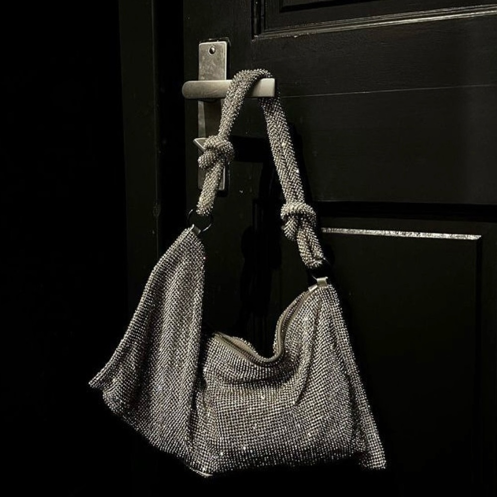 Silver Rhinestone Mesh Mini Shoulder Bag